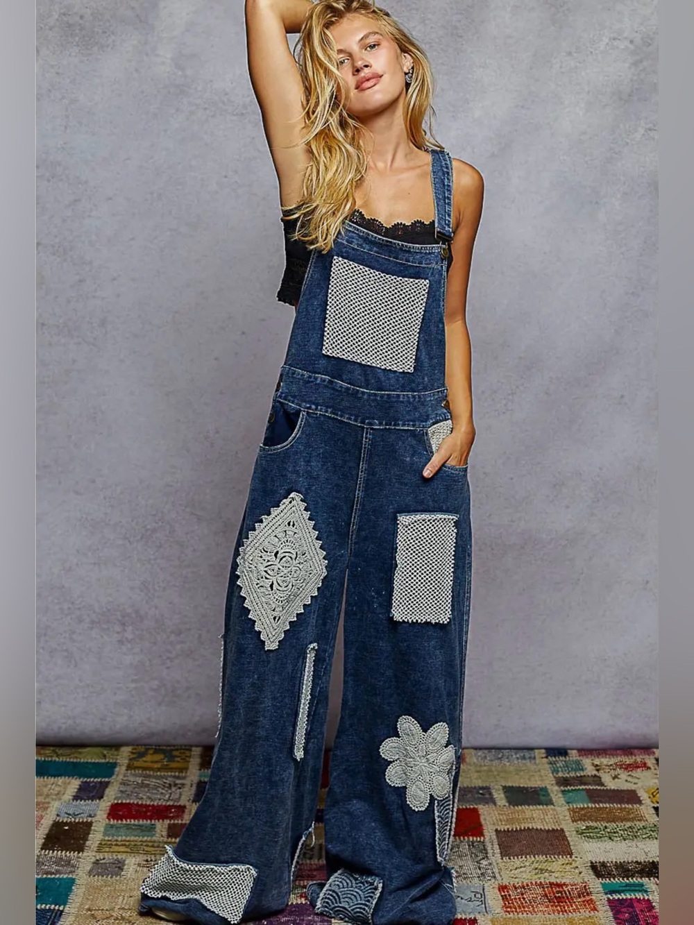 POL Blue Denim Patchwork Crochet Overalls